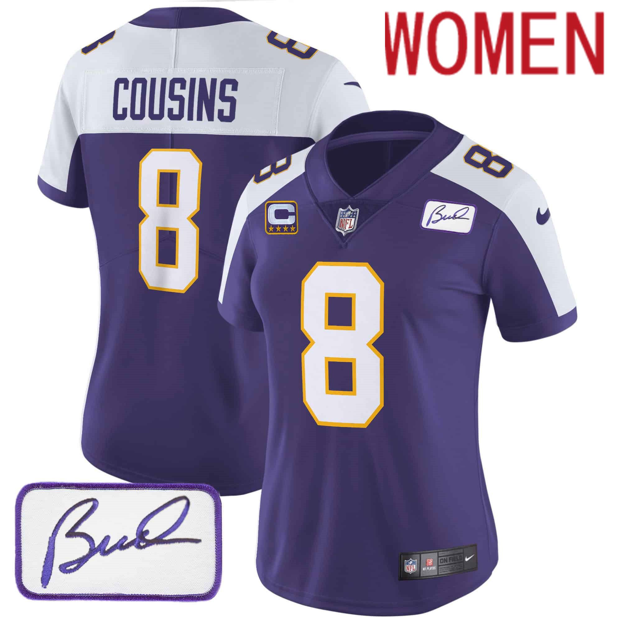 Women Minnesota Vikings #8 Cousins Purple 2024 Nike Bud Grant Patch Classic Limited NFL Jersey